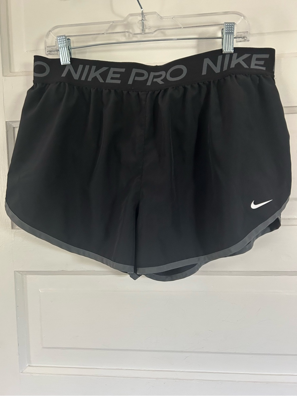 Nike Pro Black Women's Running Shorts with Grey Details, White Swoosh. Size XL